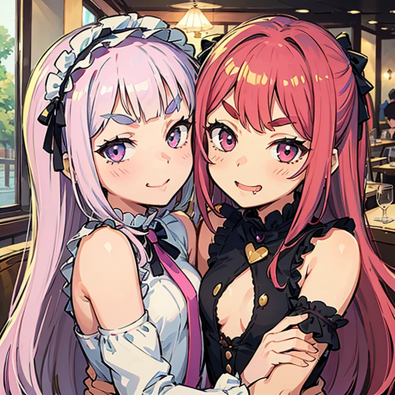 Girl with pink hair, long double-tailed hairstyle, ((small pink bushy eyebrows)), wearing lolita clothing, , lolicon (Zankuro) drawing style by zankuro artist, Zancro style, image uploaded to R34, flirty smile, showing one breast outside the shirt, face very close to the camera, moan and drool) happy face wavy smile , showing pubis, in restaurant