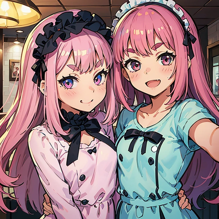 Girl with pink hair, long double-tailed hairstyle, ((small pink bushy eyebrows)), wearing lolita clothing, , lolicon (Zankuro) drawing style by zankuro artist, Zancro style, image uploaded to R34, flirty smile, showing one breast outside the shirt, face very close to the camera, moan and drool) happy face wavy smile , showing pubis, in restaurant