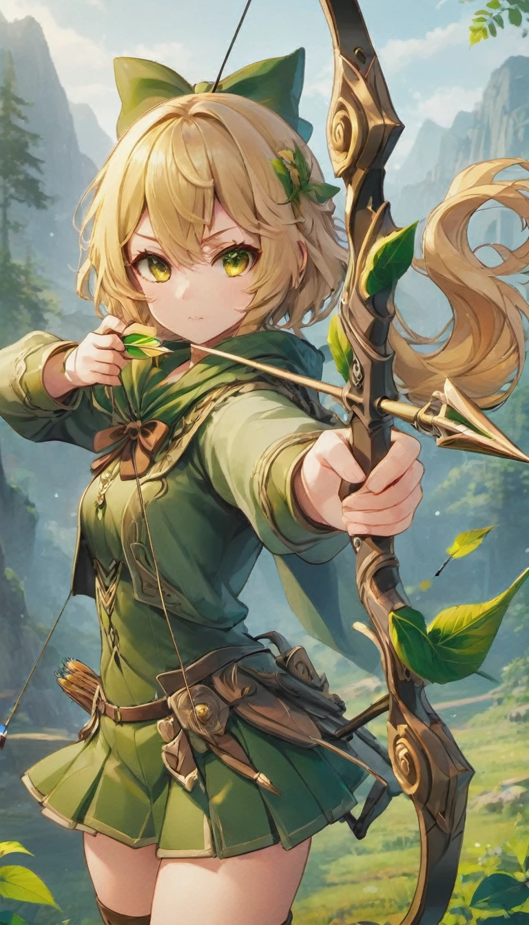 a girl with a bow and arrow in her hand, an anime drawing, inspired by Ike no Taiga, shin hanga, fantasy sticker illustration, [[[[grinning evily]]]], various posed,, ivy, 2 d render, (twin tail), (big curly blonde hair), yellow eyes, (green clothes), mini skirt, ((Aiming a Bow))