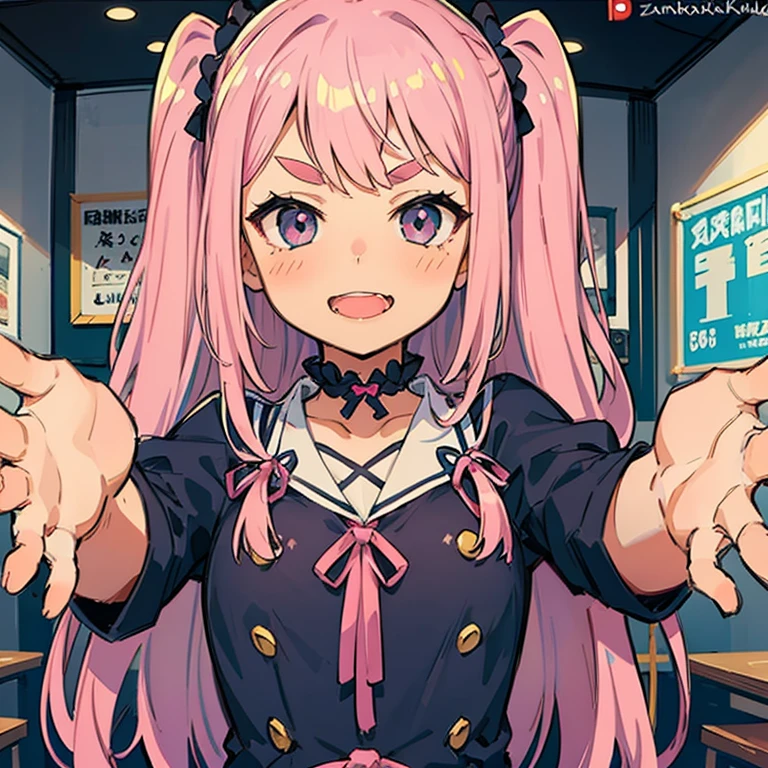 Girl with pink hair, long double-tailed hairstyle, ((small pink bushy eyebrows)), wearing ta clothing, , loli(Zankuro) drawing style by zankuro artist, Zancro style, image uploaded to R34, flirty smile, showing one breast outside the shirt, face very close to the camera, moan and drool) happy face wavy smile , showing pubis, in restaurant