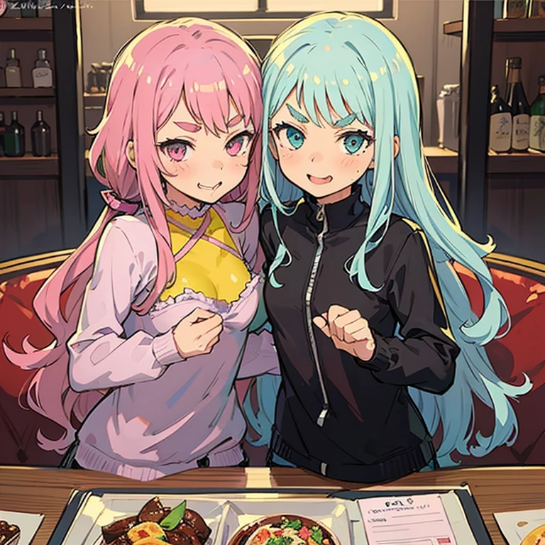 detailed_background,indoors,(limited_palette:1.2),wrist_cuffs,multicolored_hair,rabbit_hair_ornament,38_(sanjuuhachi),twintails,highres,x_hair_ornament,solo,skull_hair_ornament,nail_polish,blue_hair,streaked_hair,eyepatch,bow,hair_bow,pink_eyes,open_mouth,heart_eyepatch,heart,1girl,pink_hair,hair_ornament
