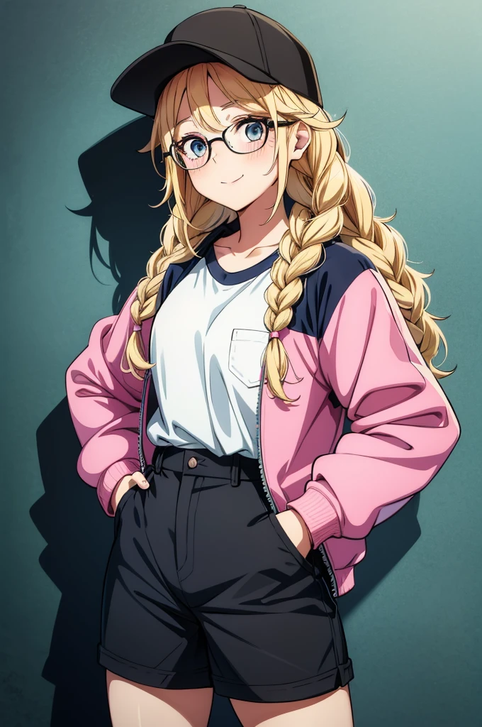 a very pretty girl in a baseball cap with long hair and glasses, 1girl, hat, shorts, blonde hair, long hair, blue eyes, braid, baseball cap, smile, twin braids, black shorts, jacket, shirt, black headwear, looking at viewer, white shirt, hand in pocket, solo, blush, short shorts, pink jacket