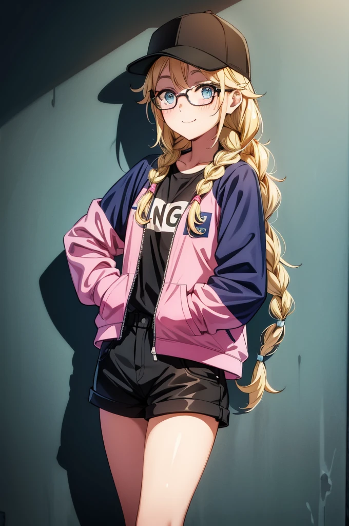 a very pretty girl in a baseball cap with long hair and glasses, 1girl, hat, shorts, blonde hair, long hair, blue eyes, braid, baseball cap, smile, twin braids, black shorts, jacket, shirt, black headwear, looking at viewer, white shirt, hand in pocket, solo, blush, short shorts, pink jacket