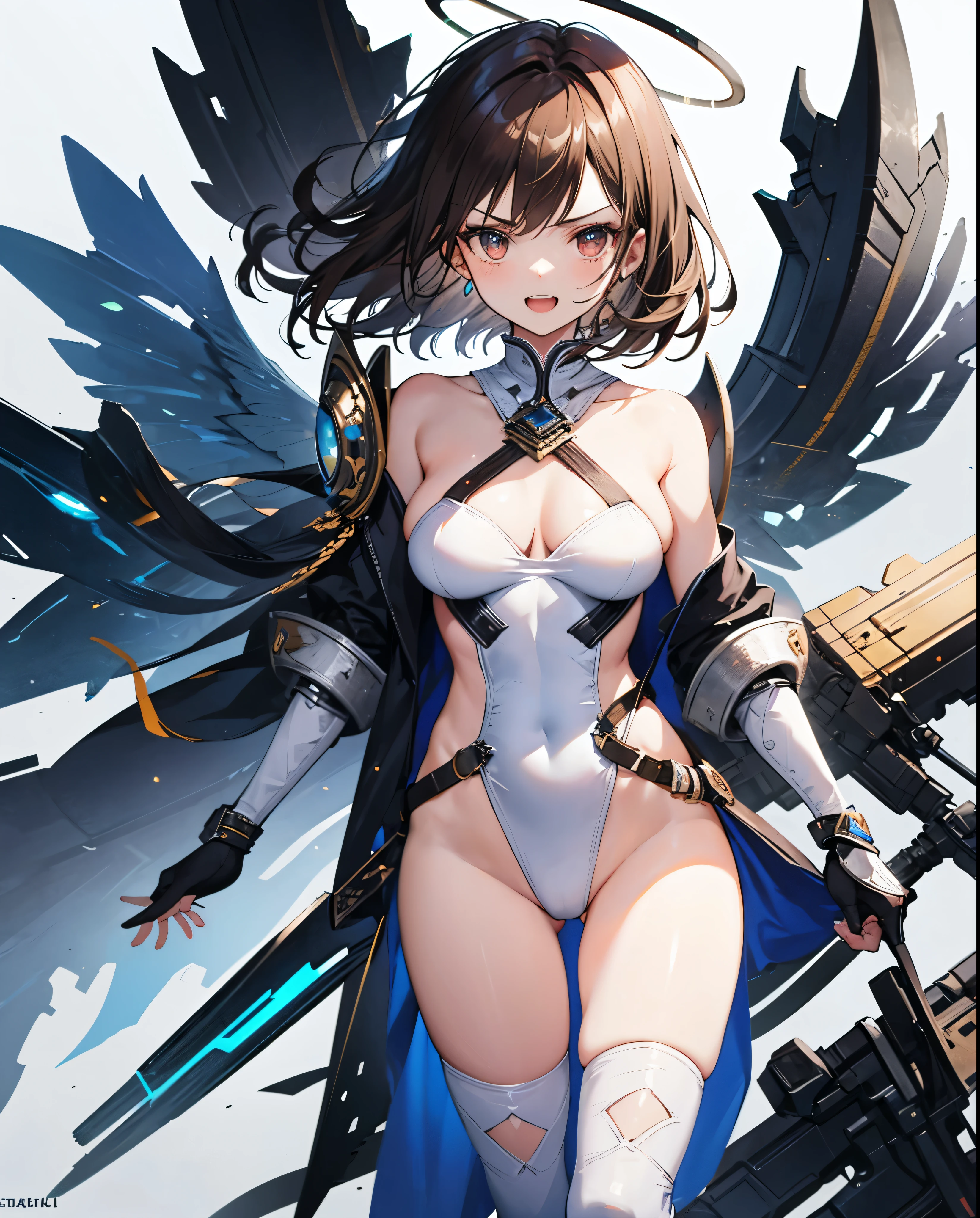 fantasy, 1angel_girl,(_teen:, ,brown_hair, medium_bob_hair, long_bangs, halo,bare_shoulder,thighhighs,silver_armor, waist_armor, large_breasts,angry,grinning,open_mouth_teeth, 1pair_wings, dynamic_pose_fighting,floating, bare_crotch, headgear,gauntlet, greaves,city_background,slightly_spread_legs, solo, groin_naked,