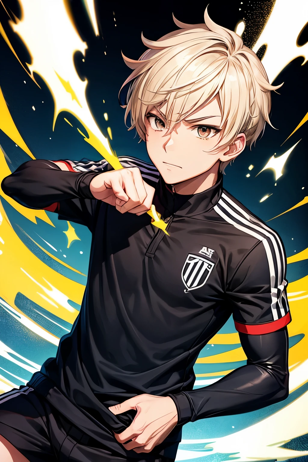 "[Soccer Senpai Strikes Again!]" in the style of "Dynamic Brushstrokes" "male Anime" Black background
