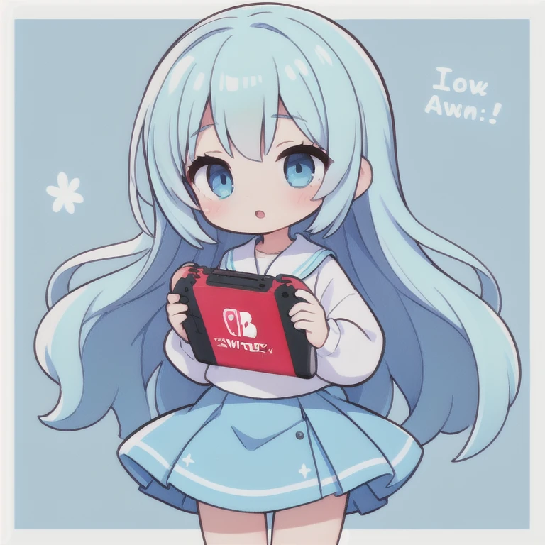 1 girl, Big eyes, long eyelashes,Light blue skirt,light blue long hair,light blue eyes, Stamps for messages,  Playing Nintendo Switch, background through, With border