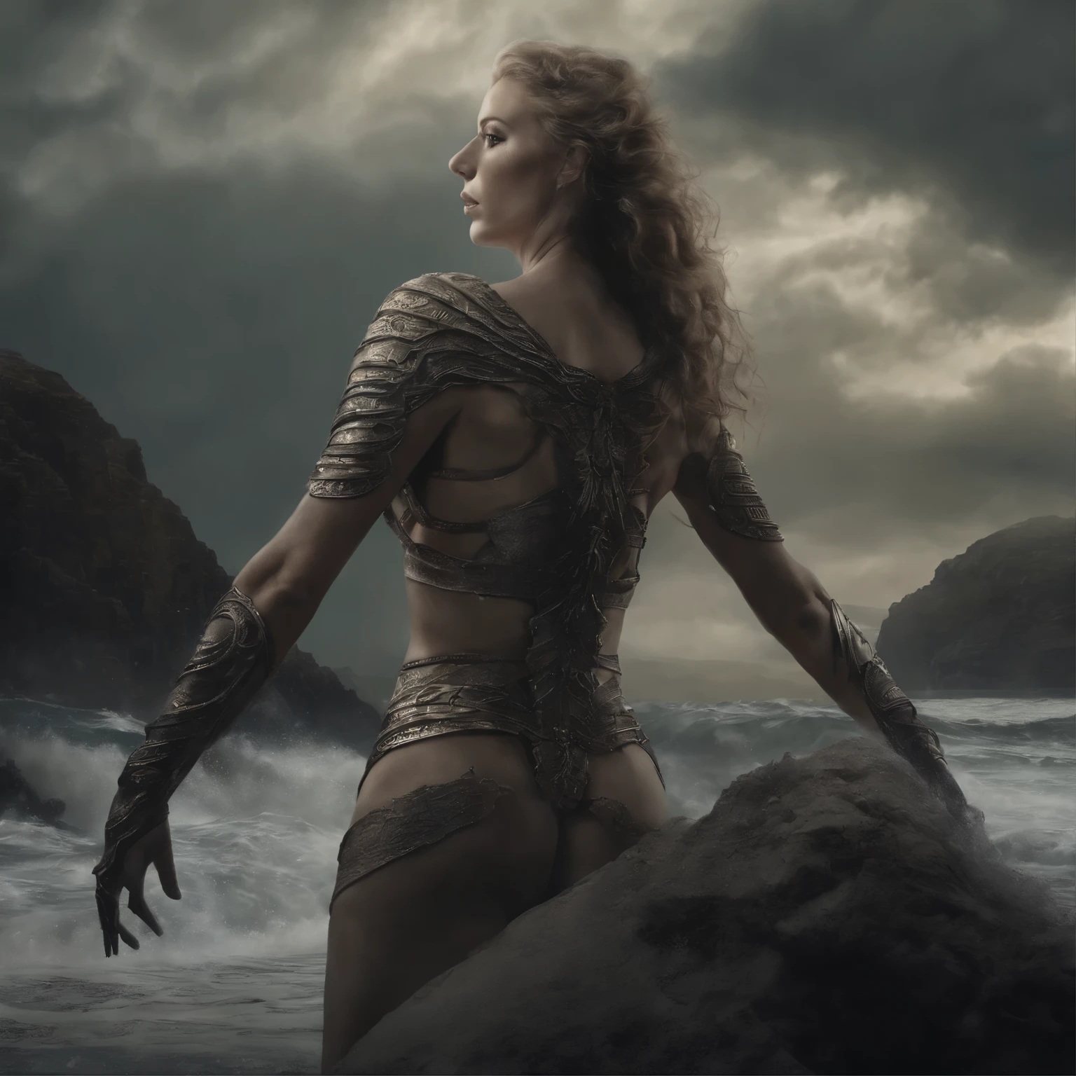 (Best Picture Quality, 4k, 8k, Hi-Res, Masterpiece:1.2), (Ultra-Detailed, Realistic, Graphic:1.37), (Severe Situation:1.1), (A scene from ancient Greek mythology, beautiful Princess Andromeda sacrificed by a monster:1.2), (Lying on her back on a sacrifice table on the beach, a blonde with chains around her wrists Large shot of Andromeda, a beautiful naked woman with blue eyes, from behind. (shackles on her hands with chains attached:1.6), (Andromeda looks in anguish:1.1), In the distance, the upper body of a giant man-eating monster, the Kraken, emerges from the sea, a life-threatening scene; Medium: Illustration, Detailed Illustration, Digital Illustration, Strong Shadows (strong texture:1.1), detail: (eerie atmosphere, eerie clouds, celestial ladder reaching out from between the clouds, dark lighting, murky seawater:1.2), detail: desperate expression of the princess, terrifying eyes, scarred bare feet, rippling muscles of the monster's upper body, scales shining in the sunlight on the monster's body; artistic style: dark Fantasy, terrifying mythical creatures, dramatic composition Color palette: eerie Lighting: eerie moonlight casts unforgettable shadows; spotlight illuminates princess and monster; (amazingly powerful and realistic composition by Greg Rutkowski:1.2)