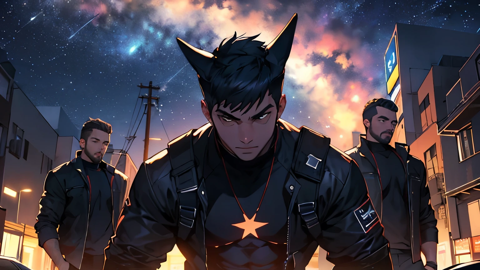 (Melhor qualidade, obra de arte, rosto detalhado) Ciberpunk, Beco escuro, a noite, sombriamente, as estrelas, night sky, outdoors vermelhos, sombriamente, 3 homens, dynamic posture, Bad Boys, 4K,
