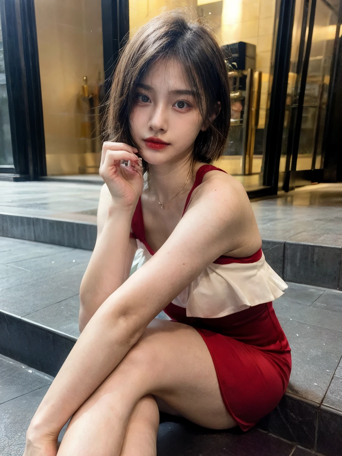 Pretty cute girl, cute asian girl, white skin, young, (17 yo), short bob hair, red lips, straddle, (sexy weding dress), fullbody, perfect leg, perfect body, perfect hand, perfect face, shoft make up, realistic detailed face,