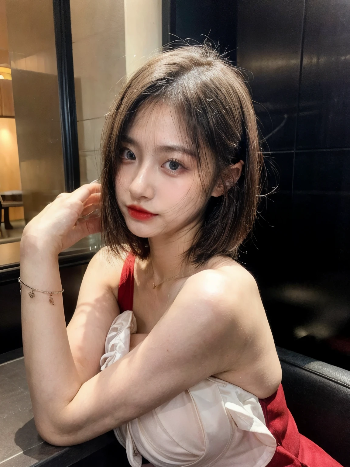 Pretty cute girl, cute asian girl, white skin, young, (17 yo), short bob hair, red lips, straddle, (sexy weding dress), fullbody, perfect leg, perfect body, perfect hand, perfect face, shoft make up, realistic detailed face,