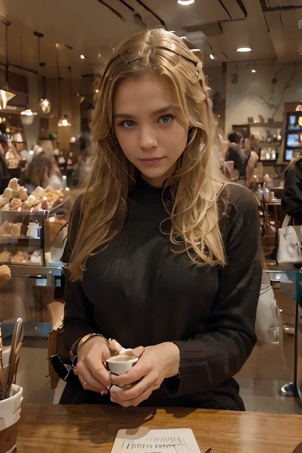 ThrLora, blond hair, dinking a coffee at Starbucks, EarPods, iPhone, MacBook Pro, expensive watch