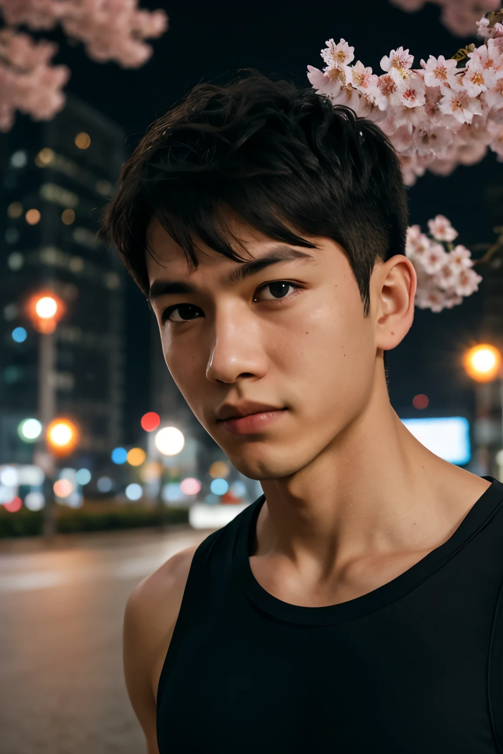 portrait of a 1 boy wearing a tight black tank top, front view, looking at camera, (smirk:0.65), (angry:0.3), cinematic shot on canon 5d ultra realistic, urban atmosphere, skyscrapers, night scene, sakura petals are flying over the background, short hair undercut, (extremely handsome:1.2)
