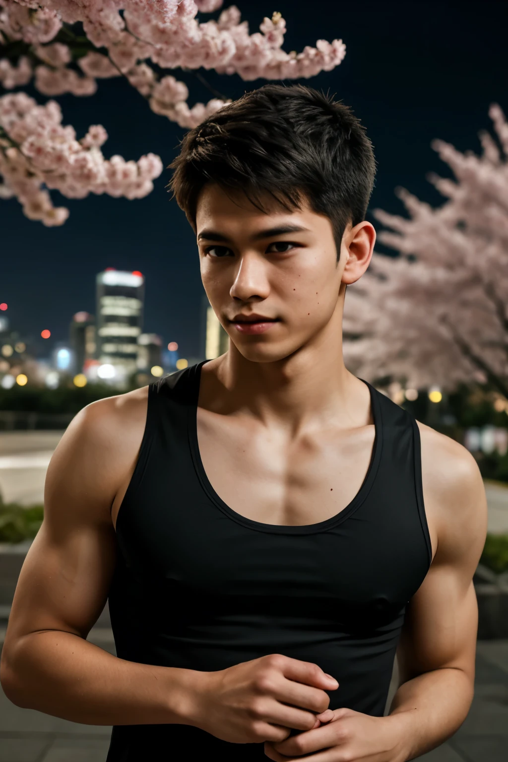 portrait of a 1 boy wearing a tight black tank top, front view, looking at camera, (smirk:0.65), (angry:0.3), cinematic shot on canon 5d ultra realistic, urban atmosphere, skyscrapers, night scene, sakura petals are flying over the background, short hair undercut, (extremely handsome:1.2)
