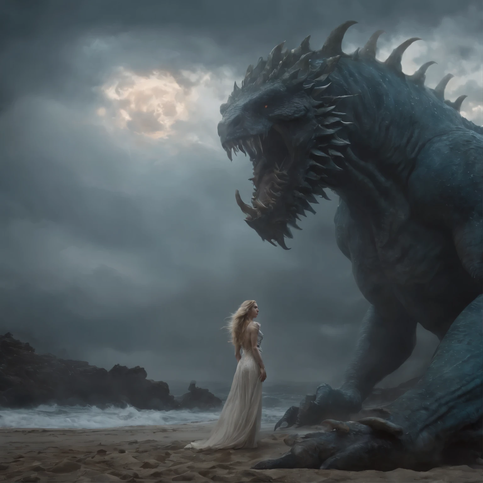 (Best Picture Quality, 4k, 8k, Hi-Res, Masterpiece:1.2), (Ultra-Detailed, Realistic, Graphic:1.37), (Severe Situation:1.1), (A scene from ancient Greek mythology, beautiful Princess Andromeda sacrificed by a monster:1.2), (Lying on her back on a sacrifice table on the beach, a blonde with chains around her wrists Large shot of Andromeda, a beautiful naked woman with blue eyes, from behind. (shackles on her hands with chains attached:1.6), (Andromeda looks in anguish:1.1), In the distance, the upper body of a giant man-eating monster, the Kraken, emerges from the sea, a life-threatening scene; Medium: Illustration, Detailed Illustration, Digital Illustration, Strong Shadows (strong texture:1.1), detail: (eerie atmosphere, eerie clouds, celestial ladder reaching out from between the clouds, dark lighting, murky seawater:1.2), detail: desperate expression of the princess, terrifying eyes, scarred bare feet, rippling muscles of the monster's upper body, scales shining in the sunlight on the monster's body; artistic style: dark Fantasy, terrifying mythical creatures, dramatic composition Color palette: eerie Lighting: eerie moonlight casts unforgettable shadows; spotlight illuminates princess and monster; (amazingly powerful and realistic composition by Greg Rutkowski:1.2)