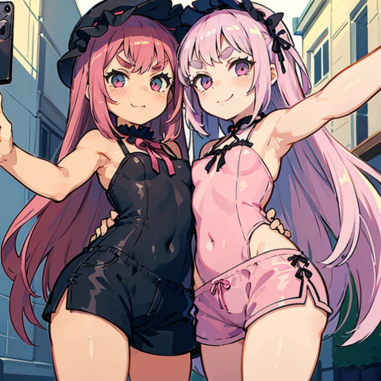 Girls with pink hair, long double-tailed hairstyle, ((small pink bushy eyebrows)), wearing lolita clothing, shorts, marked vagina, lolicon (Zankuro) drawing style by zankuro artist, Zancro style, image uploaded to R34, flirty smile, take a selfie from below, close-up, (( showing pubes )) in street grabbing breast each other