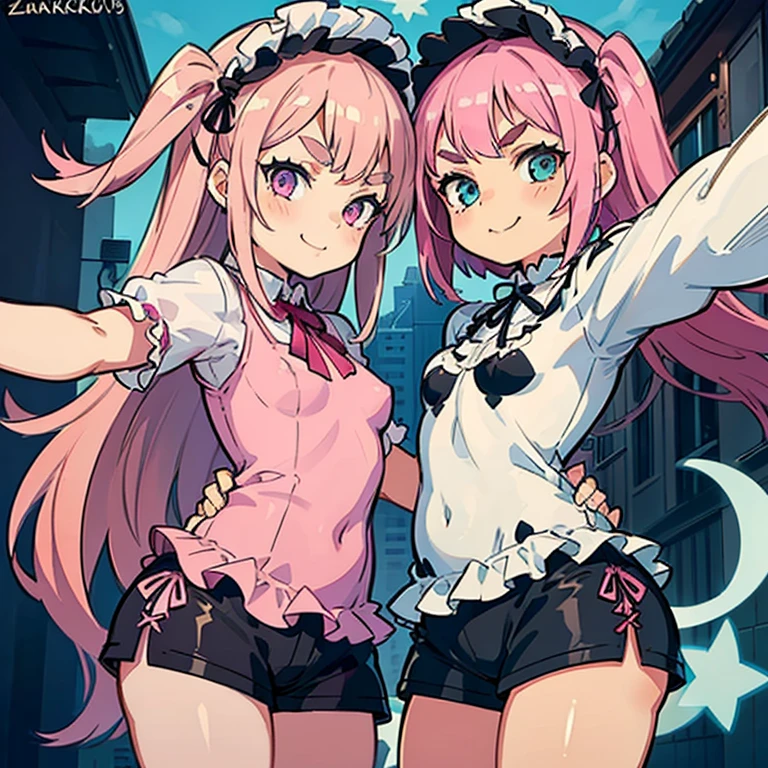 Girls with pink hair, long double-tailed hairstyle, ((small pink bushy eyebrows)), wearing ta clothing, shorts, marked vagina, loli(Zankuro) drawing style by zankuro artist, Zancro style, image uploaded to R34, flirty smile, take a selfie from below, close-up, (( showing pubes )) in street grabbing breast each other