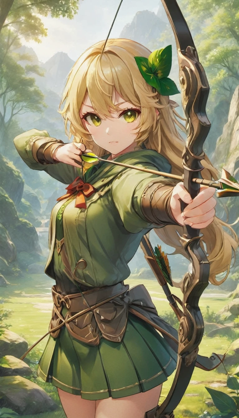 a girl with a bow and arrow in her hand, an anime drawing, inspired by Ike no Taiga, shin hanga, fantasy sticker illustration, [grinning evily], various posed,, ivy, 2 d render, (twin tail), (big curly blonde hair), yellow eyes, (green clothes), mini skirt, ((Aiming a Bow))
