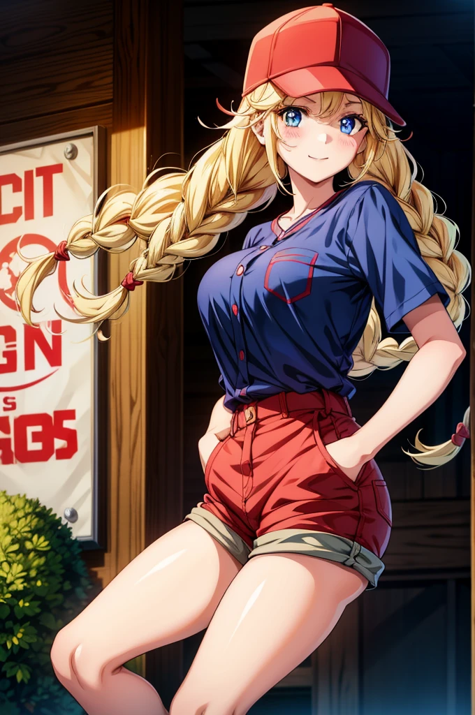 an anime girl wearing red hat is holding a giant monster plushie, 1girl, blonde hair, hat, blue eyes, smile, braid, long hair, shorts, baseball cap, hands in pockets, looking at viewer, blush, breasts, twin braids