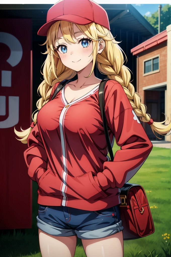 an anime girl wearing red hat is holding a giant monster plushie, 1girl, blonde hair, hat, blue eyes, smile, braid, long hair, shorts, baseball cap, hands in pockets, looking at viewer, blush, breasts, twin braids