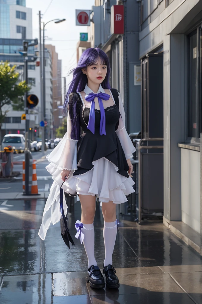 (masterpiece),best quality, frederica bernkastel,dress,  tail bow, cat tail, bowtie, purple eyes, purple hair,mary janes,  socks,  blank eyes, empty eyes,  (raining day:1.2), cloud, street, sidewalk, wet clothes, photorealistic, (1 lady), The beautiful, (Best quality at best:1.4), (ultra - detailed), (extremely detailed CG unified 8k wallpapers), gold blonde hair, very detailed, High-definition RAW color photo, professional photoshooting, detailed face, ((Best Quality, Masterpiece: 1.3)), Sharp Focus: 1.2, A Beautiful Woman with Perfect Figure: 1.4, (Layered Hairstyle,: 1.2)), Rain: 1.3, Street: 1.2, Highly Detailed Face and Skin Texture, Detailed Eyes, Double Eyelids, Big Breasts, Smile, irene1,