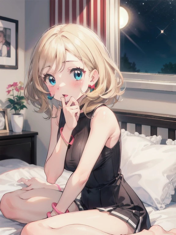 gonzarez, masterpiece, Serenaj, 1girl, solo, smile, blonde hair, blue crystal earrings, blue eyes, open mouth, eyelashes, vest, blush, bangs, breasts, medium hair, bracelet, looking at viewer, night, sparkle, bed room 