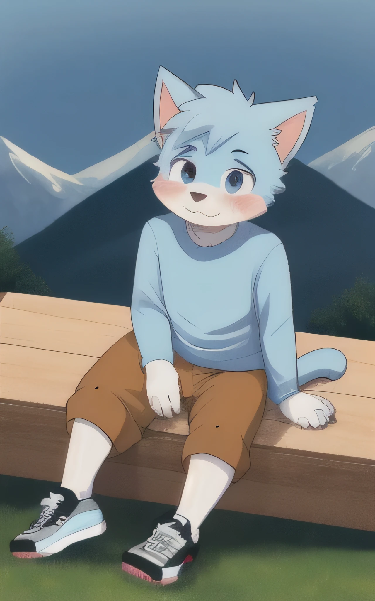 Negi, (1 boy:1.4), (Jayway 3), cat boy, (hairy:1.5),(cub), super cute face,light blue fur, body hair, (Thick thighs:0.5), (whole body:1.1), perfect lighting, (masterpiece), (ultra deTailed), eyes, blush,White clothes,looking at the audience, alone,trousers, Tail, long skirt,outdoor,shoe,top of mountain,rest,