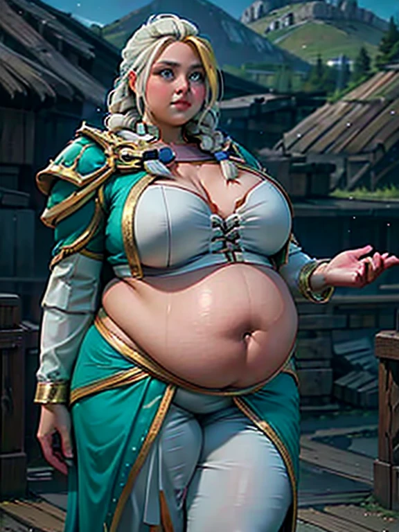  (1girl), Jaina Proudmoore,  beautiful pregnant supermodel, pink formal dress, glowing eyes, long green braided hair, extremely obese, (obese belly):1.8, (obese legs):1.5, massive SSBBW body, massive pregnant hyperbelly, soft massive obese pregnant belly, cute chubby feminine face, sensual pose, soft obese thighs, soft obese legs, soft obese breasts, soft obese arms, soft chubby hands, soft chubby feet, enchanted lake scene
