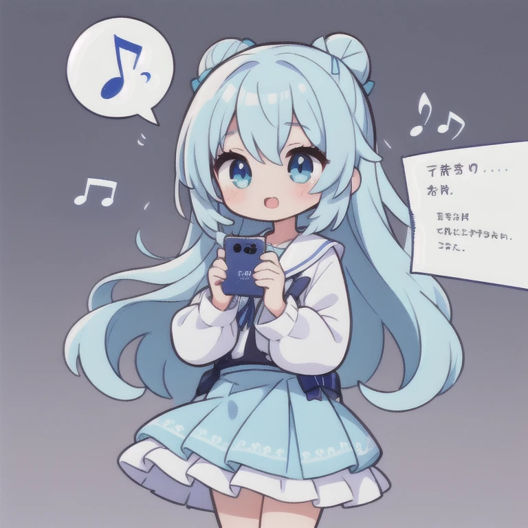 1 girl, Big eyes, long eyelashes,Light blue skirt,light blue long hair,light blue eyes, Message stamps, Calling on iPhone, No background, There is a connection, through,, Musical note speech bubble, looks fun