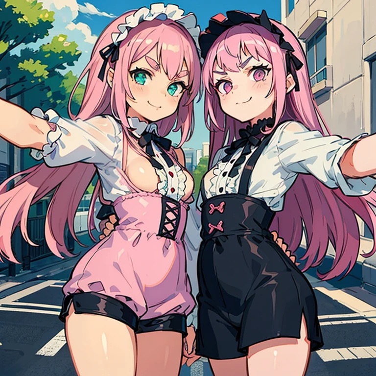 Girls with pink hair, long double-tailed hairstyle, ((small pink bushy eyebrows)), wearing ta clothing, shorts, marked vagina, loli(Zankuro) drawing style by zankuro artist, Zancro style, image uploaded to R34, flirty smile, take a selfie from below, close-up, (( showing pubes )) in street grabbing breast each other