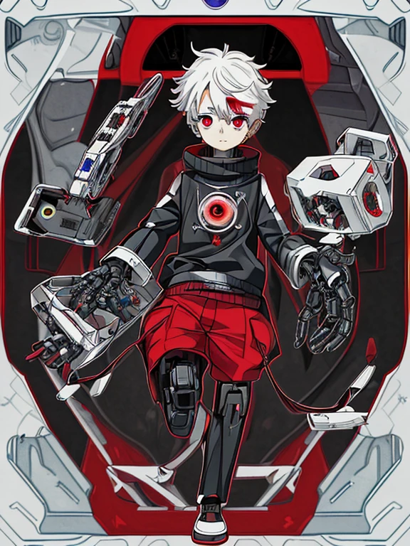 Boy with robotic parts red spiral eyes