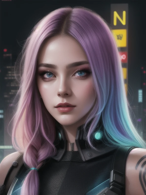 Detailed portrait cyberpunk (sks woman) (20 year old sks woman), futuristic neon reflective wear, sci-fi, perfect face, (tattoo), (long rainbow hair), matte skin, pores, hyperdetailed, hyper realistic,