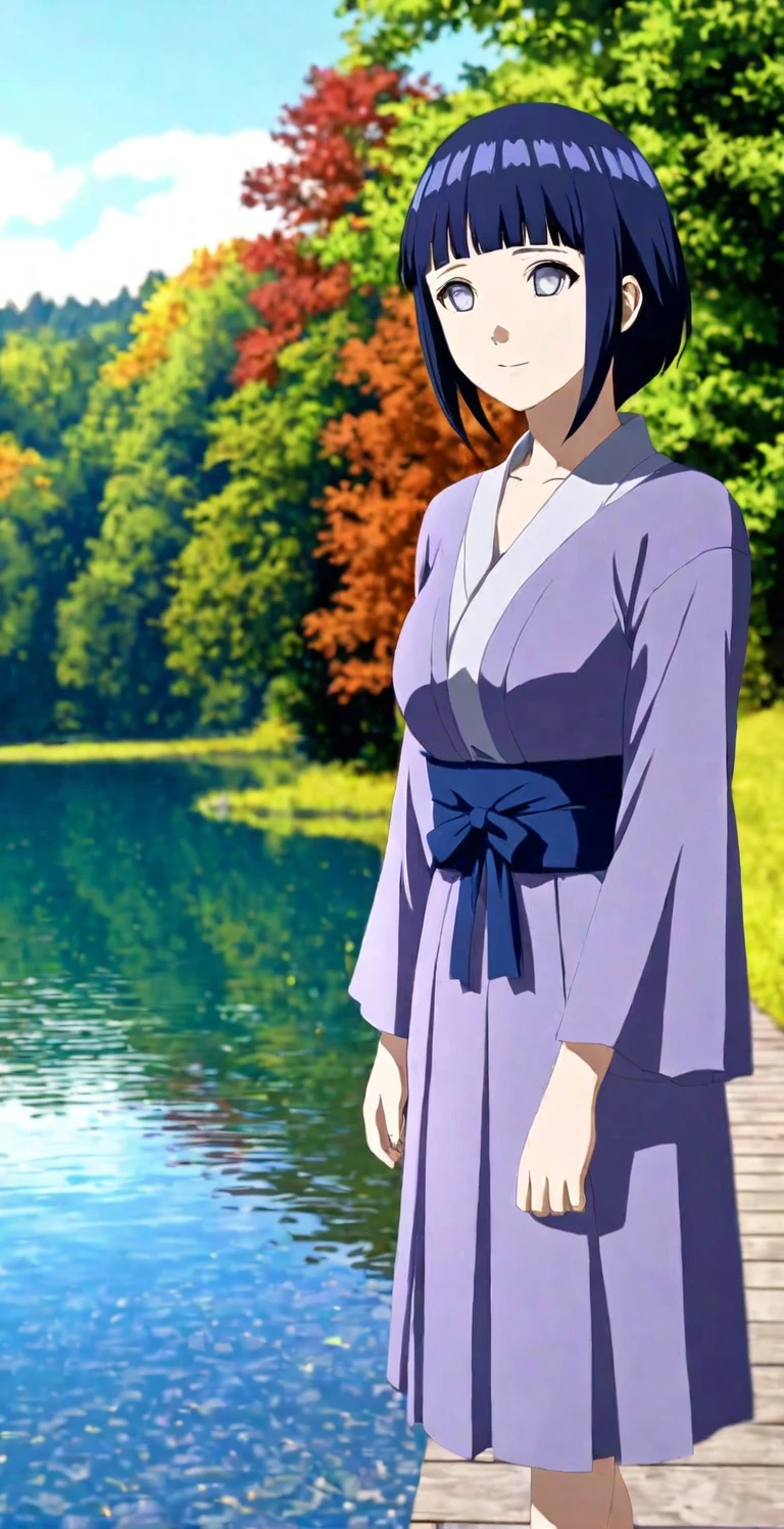 close-up from side, (30 years old adult-Hinata) walk next to lake, [enchanting, surreal, studio lighting, HDR, UHD, K]