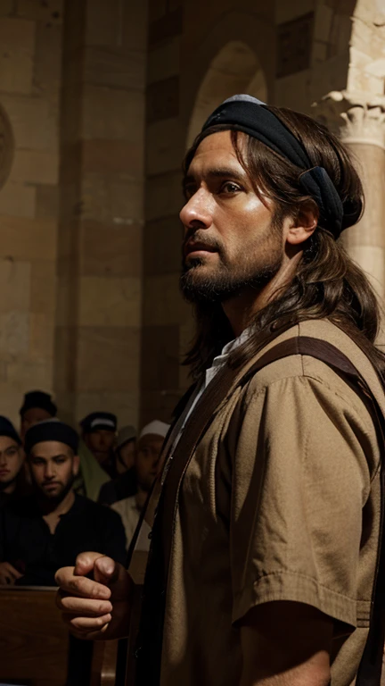 moses, 35 year old man, israelite clothing, brown hair, hyper-realistic, photo realism, cinematography, preaching in the synagogues