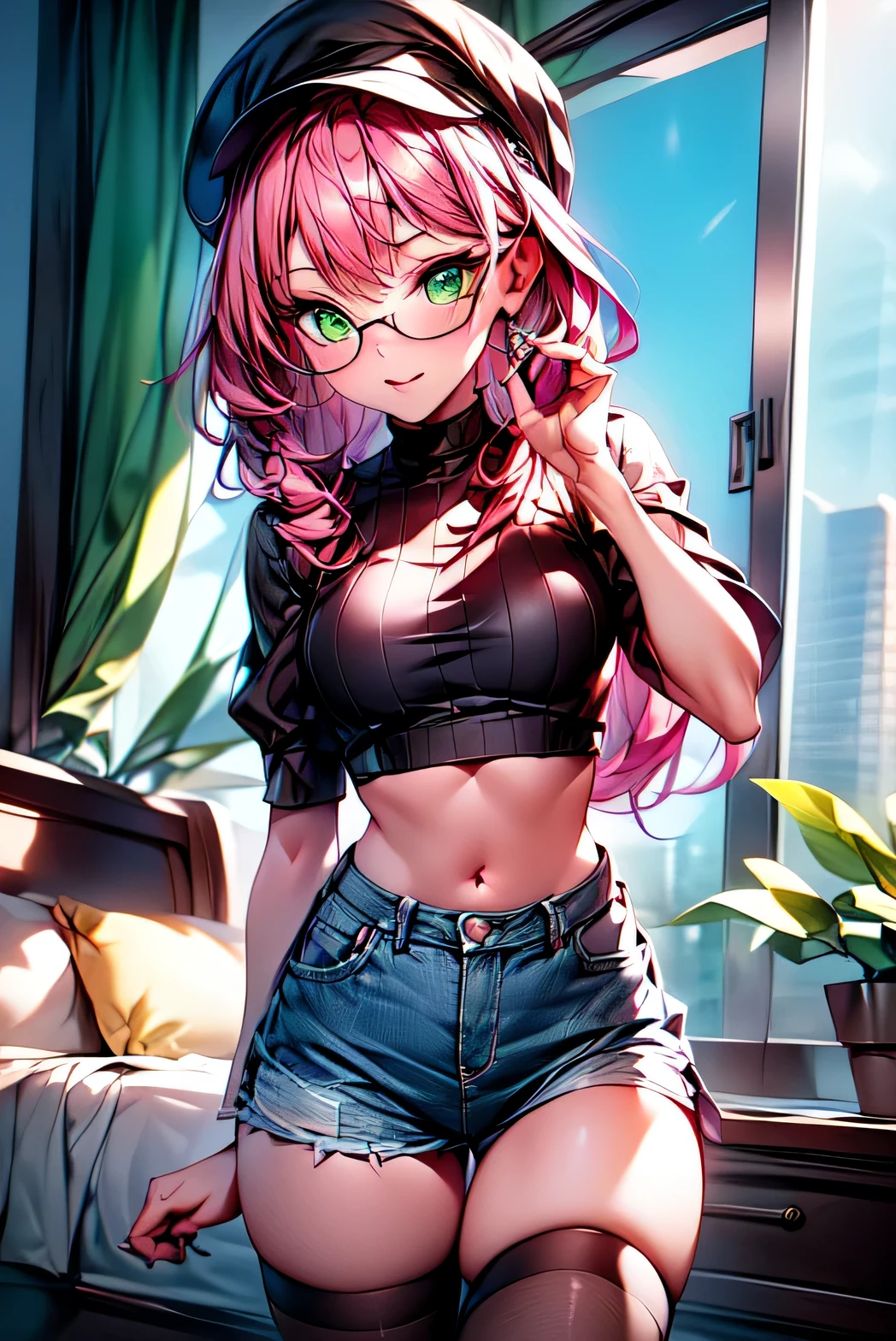 dreamlike, low angle shot, Best quality, Beautiful detailed, 1girl, medium breasts, small hips, green eyes, pink hair, crop top, denim shorts, bedroom, striped thighhighs, sexy dork, glasses, thong showing