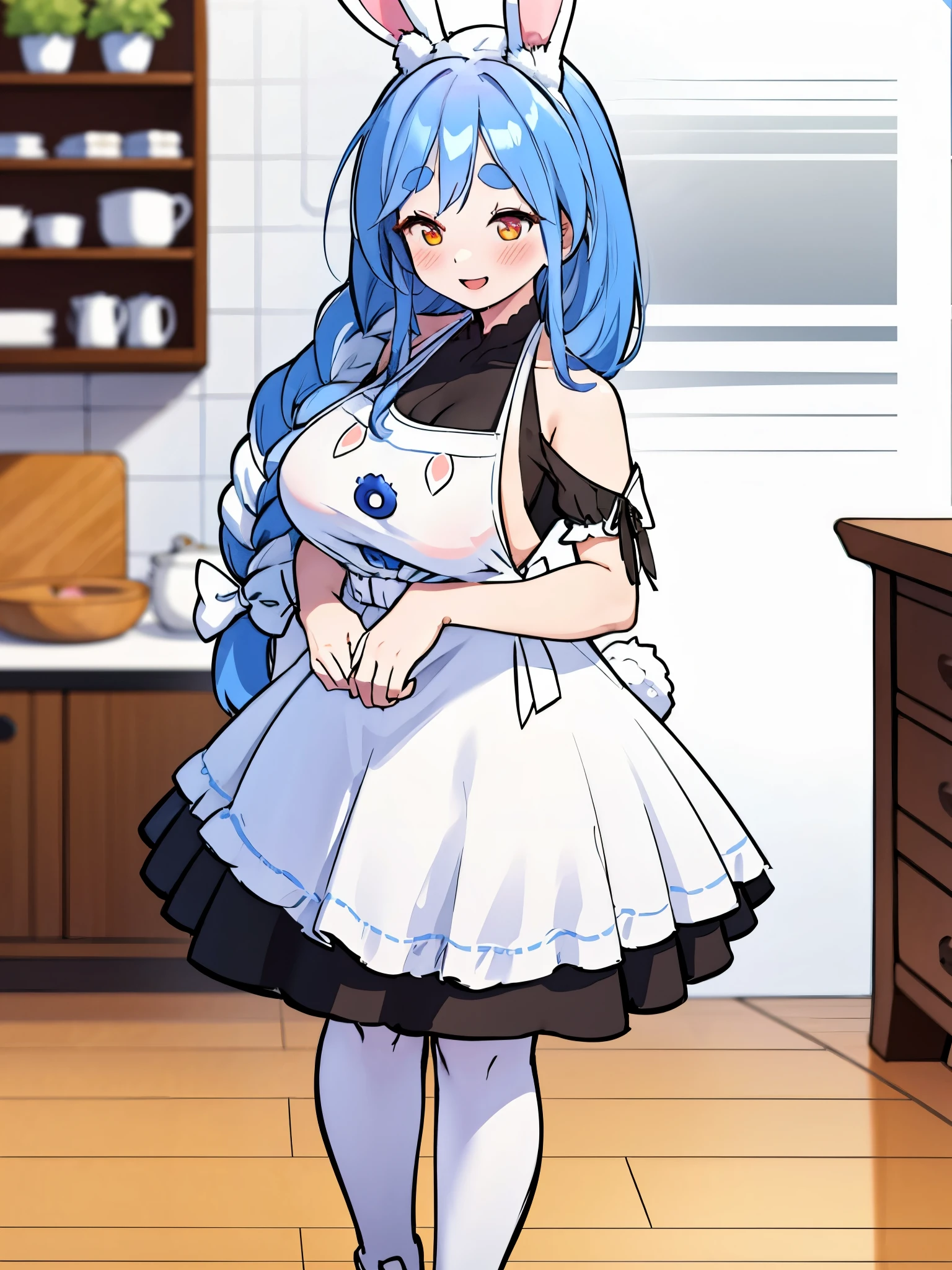 1girl,animal ear fluff,animal ears,apartment,apron,blue hair,blurry,blurry background,blush,bow,braid,braided ponytail,breasts,collarbone,feet out of frame,hair bow,hair over shoulder,half-closed eyes,huge breasts,long hair,looking at viewer,mature female,multicolored hair,naked apron,open door,open mouth,orange eyes,rabbit ears,rabbit girl,shade,short eyebrows,smile,solo,standing,streaked hai,sunlight,thick eyebrows,two-tone hair,virtual youtuber,white apron,white bow,white hair,wooden floor