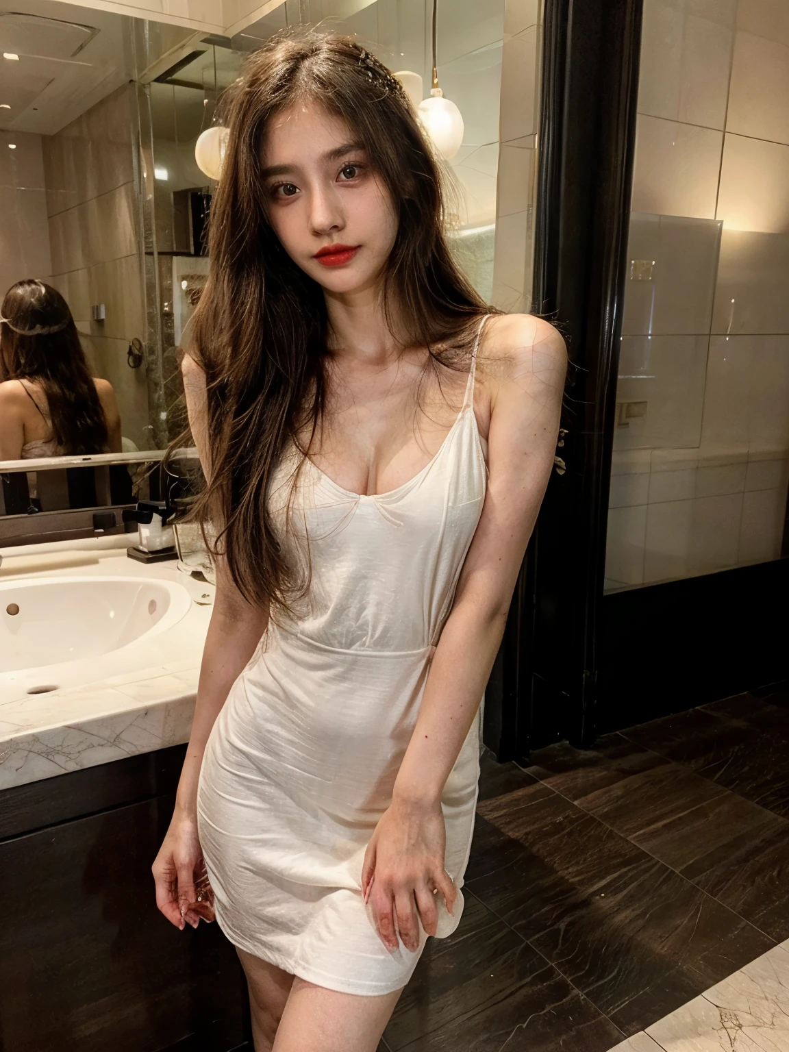 Pretty cute girl, cute asian girl, white skin, young, (17 yo), short bob hair, red lips, standing, (sexy weding dress), fullbody, perfect leg, perfect body, perfect hand, perfect face, shoft make up, realistic detailed face, standing full body,