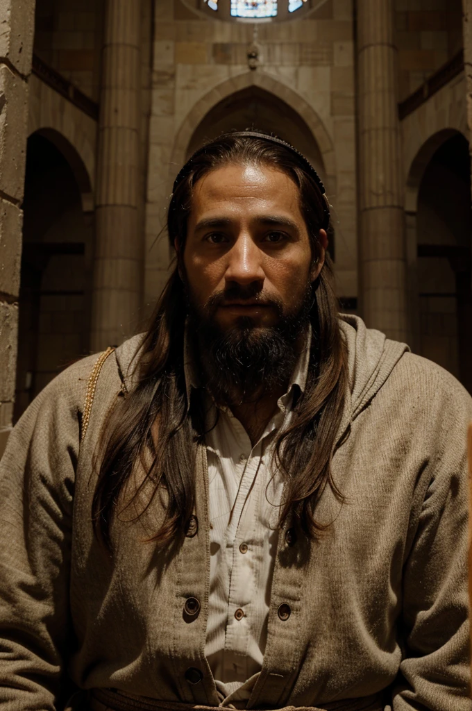 moses, 35 year old man, israelite clothing, brown hair, hyper-realistic, photo realism, cinematography, preaching in the synagogues