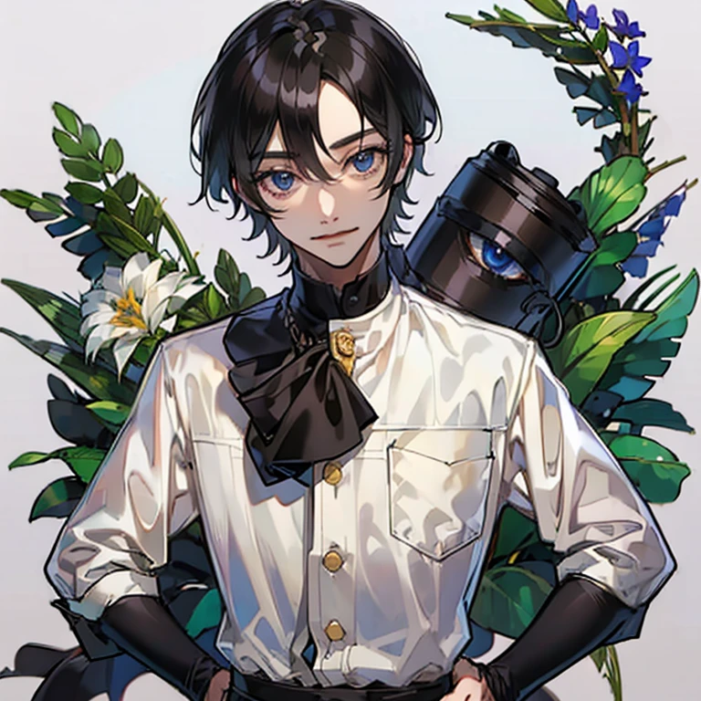 (eye:1.5)、masterpiece, 最high quality, high quality, 1 boy, alone,((face facing forward))、hand on waist pose、 male focus, looking at the viewer, Upper body, closed mouth, 1 person, adult male, good looking, expensive,, 細かいeyeと細かい顔, slacks, (((白のshirt))), smile, dutch angle, (straight hair、long bangs、short hair、black hair、Forehead 1:1)), shirt,shirtのボタンを開ける,、,please eat cake、 white skin, 黒い詳細なeyeアスキュリン), sexy, elegant, fine hands、Hands on hips、