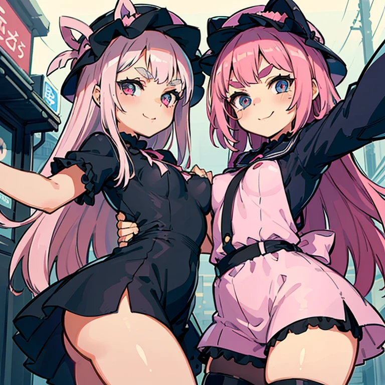 Girls with pink hair, long double-tailed hairstyle, ((small pink bushy eyebrows)), wearing ta clothing, shorts, marked vagina, loli(Zankuro) drawing style by zankuro artist, Zancro style, image uploaded to R34, flirty smile, take a selfie from below, close-up, (( showing pubes )) in street ((grabbing breast each other))