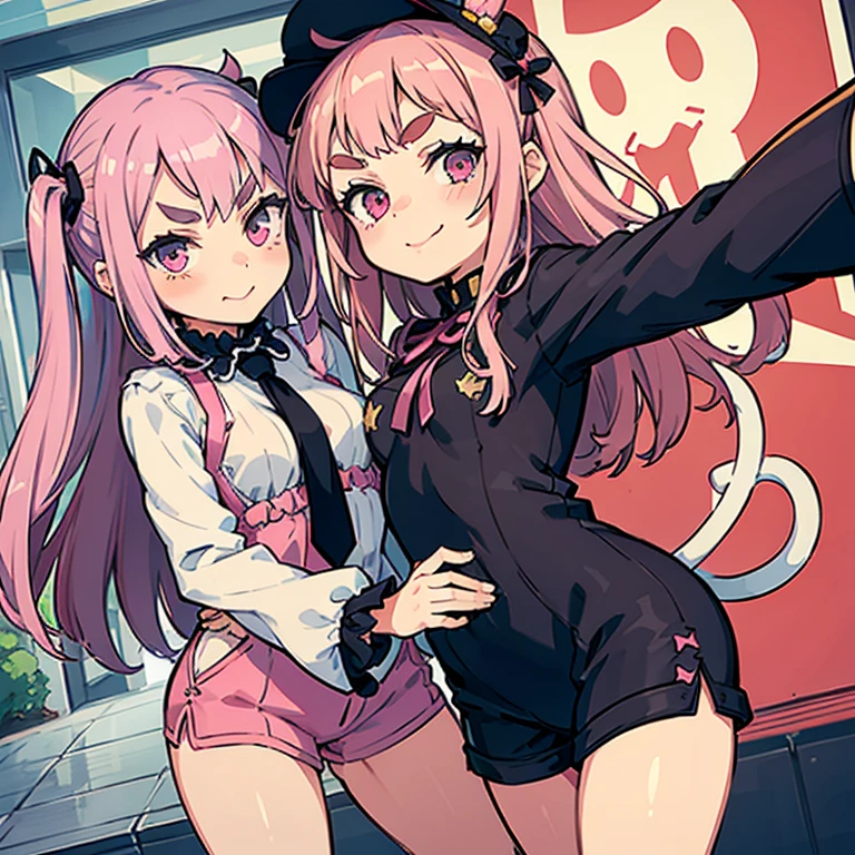 Girls with pink hair, long double-tailed hairstyle, ((small pink bushy eyebrows)), wearing lolita clothing, shorts, marked vagina, lolicon (Zankuro) drawing style by zankuro artist, Zancro style, image uploaded to R34, flirty smile, take a selfie from below, close-up, (( showing pubes )) in street grabbing breast each other