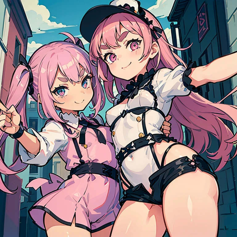 Girls with pink hair, long double-tailed hairstyle, ((small pink bushy eyebrows)), wearing ta clothing, shorts, marked vagina, loli(Zankuro) drawing style by zankuro artist, Zancro style, image uploaded to R34, flirty smile, take a selfie from below, close-up, (( showing pubes )) in street grabbing breast each other