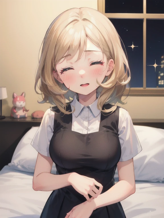 gonzarez, masterpiece, Serenaj, 1girl, solo, blonde hair, close eyes, close mouth, eyelashes, vest, blush, bangs, breasts, medium hair, night, sparkle, bed room, sleeping, cute, bed, 