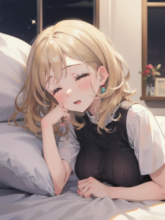 gonzarez, masterpiece, Serenaj, 1girl, solo, blonde hair, close eyes, close mouth, eyelashes, vest, blush, bangs, breasts, medium hair, night, sparkle, bed room, sleeping, cute, bed, 