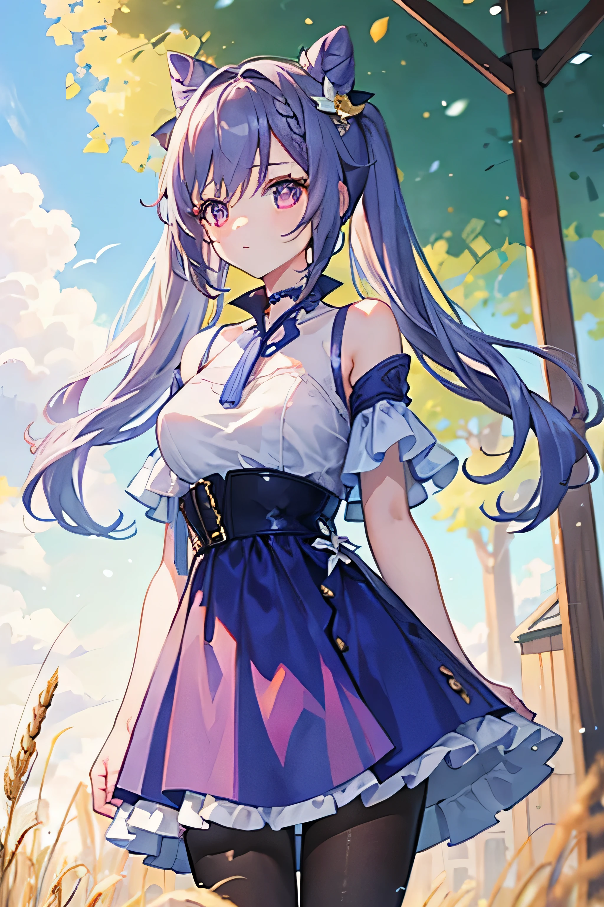 1girl, 20 years old, tall and attractive, wearing a cute country dress, hair braided, standing in a rustic farm setting. She has a soft, gentle smile and expressive eyes. In the background are charming barns, golden wheat fields and clear blue skies. The composition should be bathed in warm golden hour light, with soft depth of field and soft bokeh to accentuate the idyllic tranquility. Capture images as if they were shot on vintage 35mm film for added oomph, filmg,
