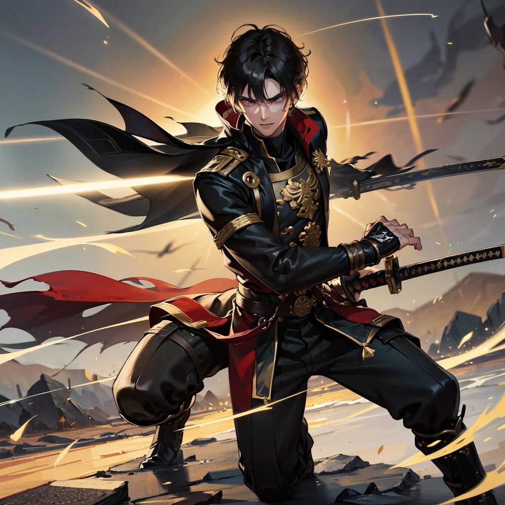 a black hair men holds a sword to a war, shining blade, fantasy sword, light effect on sword, masterpiece, best quality, dramatic lighting, fighting pose, dramatic scenery, war scenery, young men, handsome men, magnificent men, fantasy effect, shining blade, holding sword, war, battlefield, chaos scenery, battlefield scenery, cool handsome swordsman, martial arts, martial arts pose, detailed eyes, intense eyes, tall, smirk with fierce eyes, fierce facial expression, bleeding, cinematic shot, detailed background, battlefield background, (enemies npc), fighting like Yuta from Jujutsu Khaisen