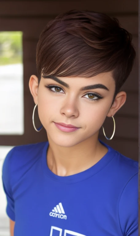 Photo of a American girl., .CRUDO, Mujer hermosa, light brown hair pixie , corte de cabello pixie , light brown hair((retrato)), ((Cara detallada:1.2)), ((rasgos faciales detallados)), (Piel Finamente detallada), pale skin , pecas en mejillas , ojos azules , 、un sexy(color fresco), wet, wet, Reflector pieza bonita) (proporciones perFectaotos realistas)(La mejor calidad) (Detallado) FotograFiado con una EOS R5 de Canon, lente de 50 mm, F/2.8, nffsw, (8K) (papel tapiz) (cinematic lighting) (dramatic lighting) (sharp focus) (Enrevesado) senos grandes , pechos grandes , pecas en mejillas , cuerpo completo , hermoso cuerpo de adolesente , posando sexy a la camara , posando de frente para la camara ,lindo maquillaje , gran sonrisa , Fondo variado , pecas en mejillas , aretes de clip , hermosos ojos azules , viste camiseta purpura sin mangas con imagen de calavera , cinturon blanco , falda color lila con patrones de cuadros , botas largas con tacon ,