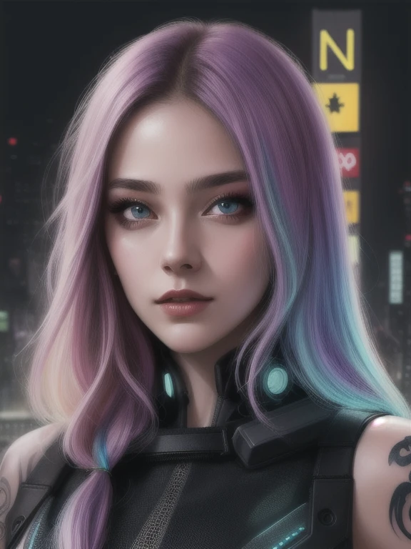 Detailed portrait cyberpunk (sks woman) (20 year old sks woman), futuristic neon reflective wear, sci-fi, perfect face, (tattoo), (long rainbow hair), matte skin, pores, hyperdetailed, hyper realistic, upper body shot, XXL chest