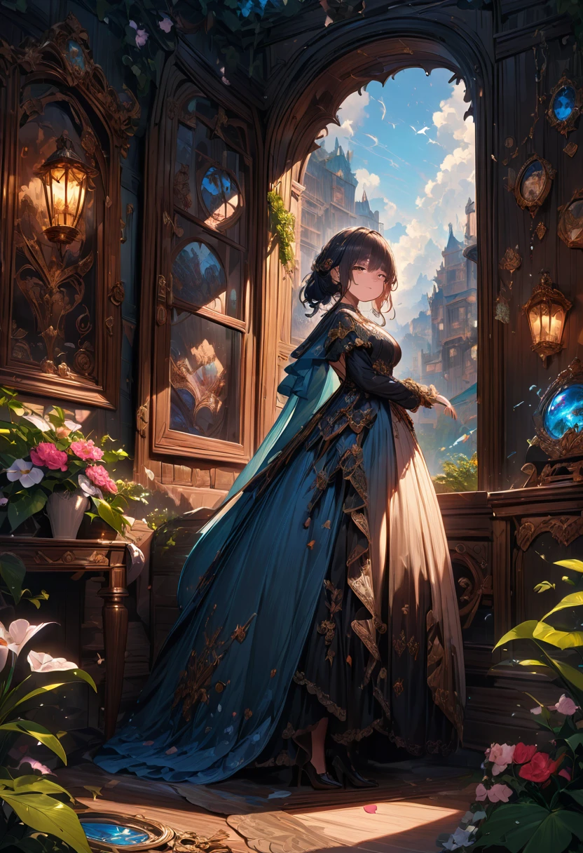 1girl, The View Outside the Window, The view through a window to a magical world, Epic cinematic brilliant stunning intricate meticulously detailed dramatic atmospheric maximalist digital matte painting . masterpiece, best quality, very aesthetic, absurdres, aesthetic