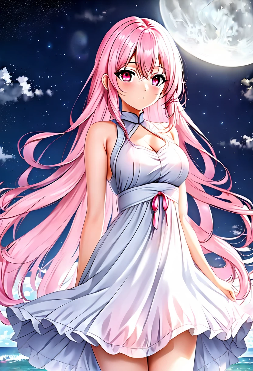 Rosa, 18 years old, long pink hair, light pink eyes, pink eyes, wearing a seductive dress, showing her beautiful big breasts to her clients with the moonlight, looking with a beautiful sexy face, telling them sensei, my whole body is for you.