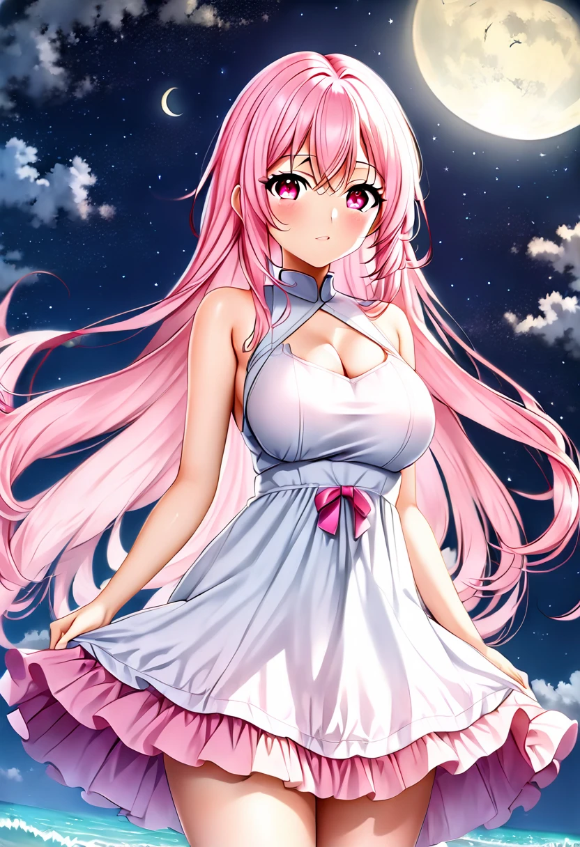 Rosa, 18 years old, long pink hair, light pink eyes, pink eyes, wearing a seductive dress, showing her beautiful big breasts to her clients with the moonlight, looking with a beautiful sexy face, telling them sensei, my whole body is for you. 